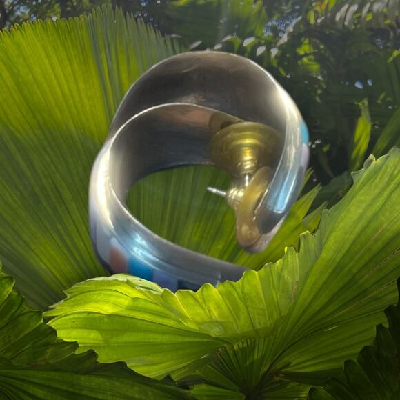 Vintage Sterling Silver Half Hoop Earrings with Multi Stone Cobblestone Inlay - Picture 4 of 5